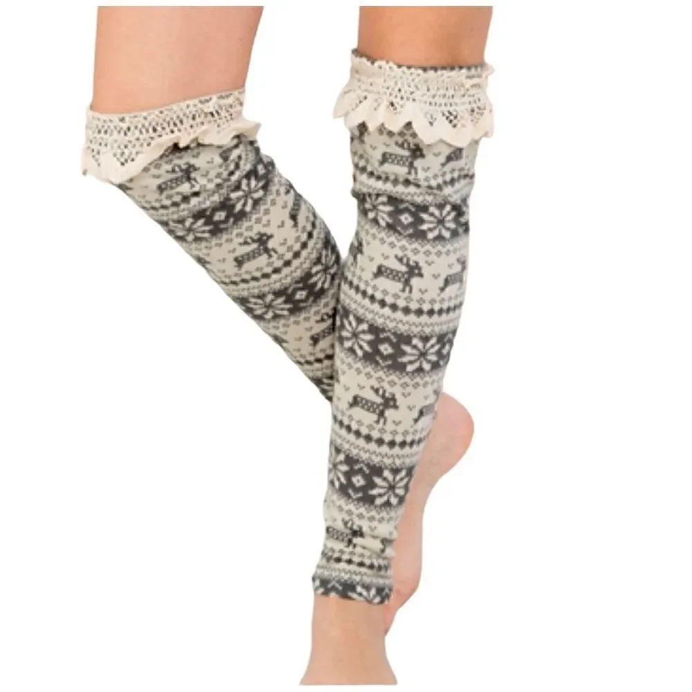 Nordic Print Leg Warmers/Boot Toppers Over the Knee Gray and Cream Color